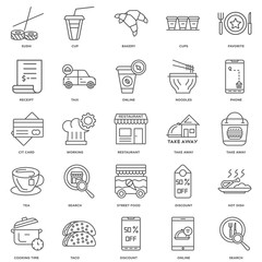 25 linear icons related to Search, Online, Discount, Taco, Cooki