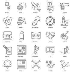 25 linear icons related to Bird, Garden, Drone, Blog, Bead, Ches
