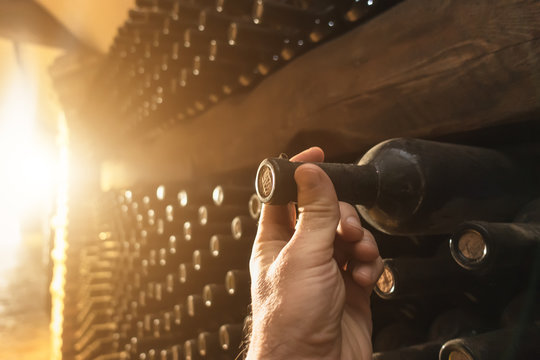 Hand takes out a bottle of wine in the wine cellar