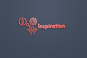 3D illustration of Inspiration, red color and red text with dark grey background.