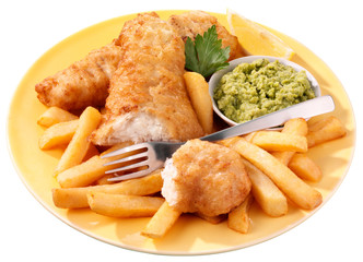 FISH AND CHIPS WITH MUSHY PEAS