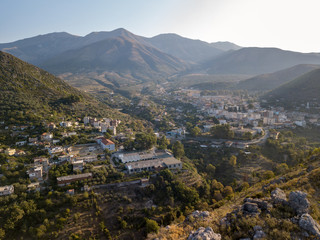 Aerial view of Delvine / Delvina in Albania.  Taken in autumn with beautiful mountains in background.