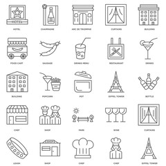 25 linear icons related to Eiffel tower, Chef, Shop, Leash, Drin
