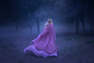 a gorgeous young elf princess with blond hair that flees in a forest full of white mist, dressed in...