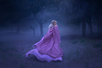a gorgeous young elf princess with blond hair that flees in a forest full of white mist, dressed in...