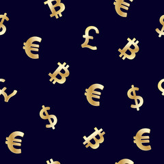 Seamless pattern with World currencies Dollar, Euro, Pound sterling and cryptocurrency Bitcoin golden symbols on dark blue background. Vector illustration