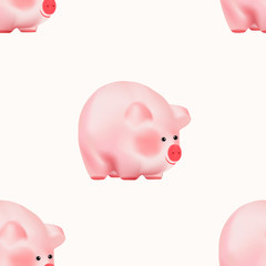 Seamless pattern with Cute adorable pink baby piggy. New Year Chinese Symbol isolated on white background. Vector Illustration.