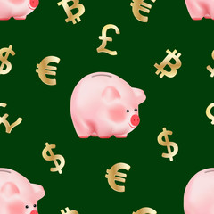 Seamless pattern with World currencies Dollar, Euro, Pound sterling and cryptocurrency Bitcoin golden symbols and money pig bank. Vector illustration