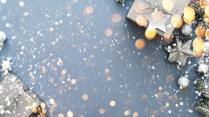 Christmas silver gifts, presents, ornaments on blue holiday background top view. Merry Christmas greeting card, frame. Winter xmas holiday theme. Happy New Year. Noel. Flat lay