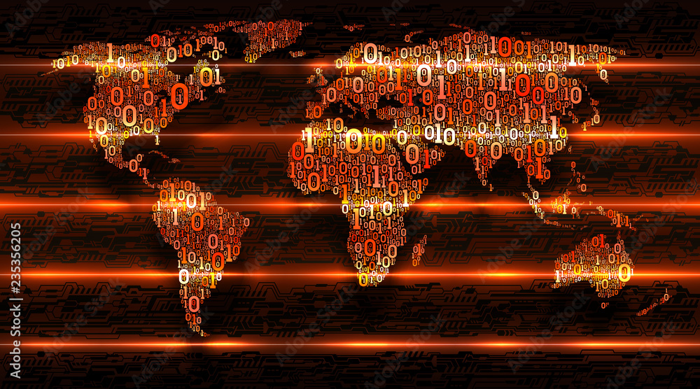 Poster binary code world map on dark background of abstract electronics. digital transformation of the worl