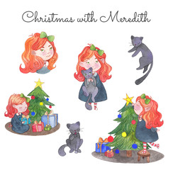 Christmas cartoon watercolor set girl cute cat celebration