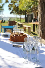 traditional country farm lunch with homemade bread and wine