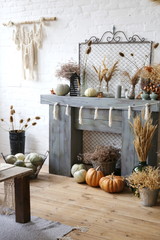 autumn huge decorated living room with white pumpkin