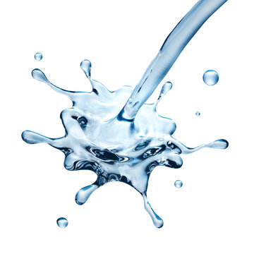 3d render, abstract water design element, illustration, splashing jet, blue liquid splash isolated on white background