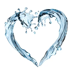 Photo sur Plexiglas Eau Rendu 3d, élément de conception abstraite de l& 39 eau, illustration, éclaboussures en forme de coeur, éclaboussures de liquide bleu isolées sur fond blanc