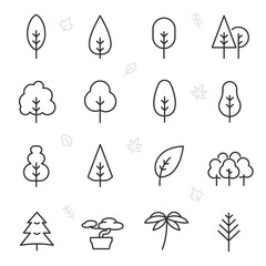 Tree, icon set. Trees of various shapes, linear icons. Line with editable stroke