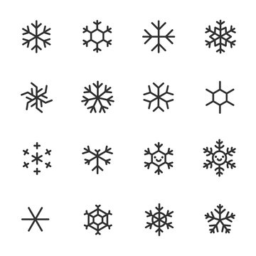 Snowflakes, icon set. Different shapes, linear icons. Line with editable stroke
