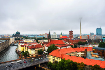 Aerial view of landmarks in Berlin, Germany during rainy day