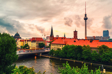 Aerial view of landmarks in Berlin, Germany during rainy day
