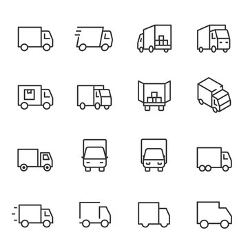 Truck, icon set. lorry, linear icons. Line with editable stroke