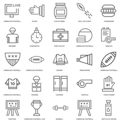 25 linear icons related to Bottle of Water, American football, R