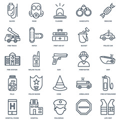 Set Of 25 outline icons such as Life vest, , Policeman, Hospital