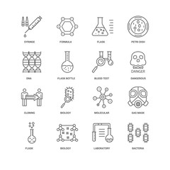 16 linear icons related to Bacteria, Flask Bottle, Syringe, unde