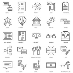 25 linear icons related to Magnifying glass, Money, Stats, Coins