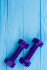 Two dumbbells with copy space. Female hand weights. Equipment for physical training.