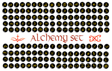 Large set of  golden alchemical symbols carved on stone isolated on white. Hand drawn elements for design.