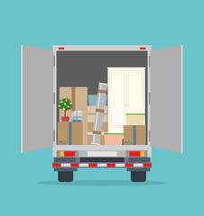 Moving House. Open delivery truck with furnitures and cardboard boxes. Isolated on blue background. Transport services and freight of goods. Flat style, vector illustration. 