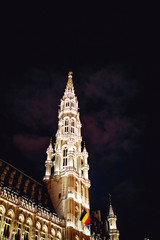 Brussels, Kingdom of Belgium. Grand place is beautiful and elegant landmark in Brussels. Dark night sky. City hall