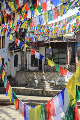 Nepalese prayer flags in the Swayambhunath temple complex. Nepal, Himalayas
