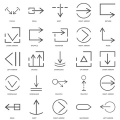 25 linear icons related to Left arrow, Backward, Right Sort, Dra