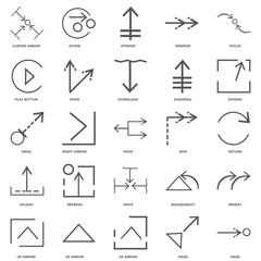 25 linear icons related to Drag, Up arrow, Expand, Spin, Move, U