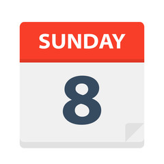 Sunday 8 - Calendar Icon. Vector illustration of week day paper leaf.