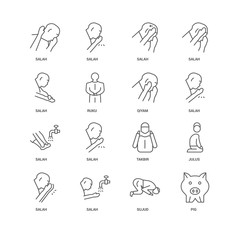 16 linear icons related to Pig, Sujud, Salah, Julus, Qiyam, unde