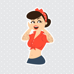 Wow female face retro brunette pin-up woman in red shirt, we can do it