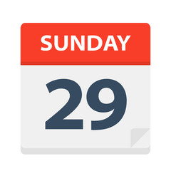 Sunday 29 - Calendar Icon. Vector illustration of week day paper leaf.