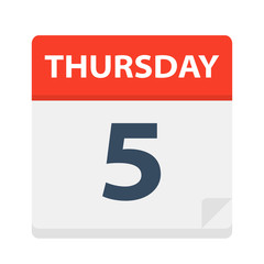 Thursday 5 - Calendar Icon. Vector illustration of week day paper leaf.