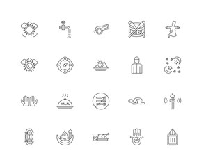 20 linear icons related to Islamic Wudu, Hamsa Hand, Sufi Mystic