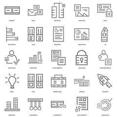 25 linear icons related to Graphics, Documents, Currency, Busine