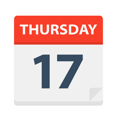 Thursday 17 - Calendar Icon. Vector illustration of week day paper leaf.