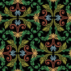 Embroidery baroque vector seamless pattern. Colorful floral grunge background. Tapestry wallpaper. Arras damask flowers, scroll branches, leaves, hatching baroque ornaments. Embroidered ornate texture