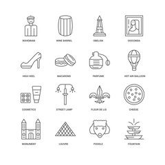Fototapeta premium 16 linear icons related to Fountain, Macarons, Bohemian, undefin