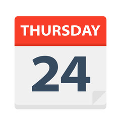 Thursday 24 - Calendar Icon. Vector illustration of week day paper leaf.