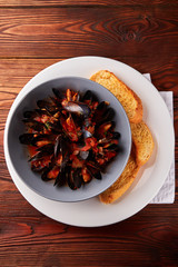 Seafood, mussels with tomato and onion saice