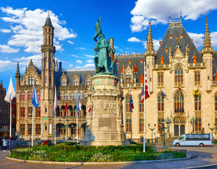 Bruges, Belgium. Central market square Grote Markt, historical