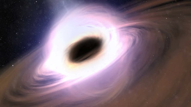 A  CGI generated black hole ejects jets of material away from its spinning core.