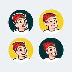 Sea man in red hat smiling Flat Vector Illustration, Character man face. Set of avatars. Hipster, Ship boy, crewman sailor young deckhand boy, character icon, captain, sailor -